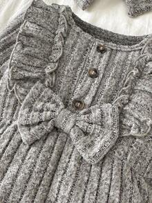 SHEIN 3件套女婴罗纹毛绒连体衣、发带和腿套套装，秋冬季保暖优雅装扮 - 綠色 - 查看 4