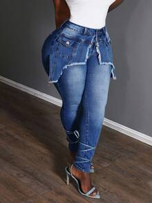 Slaydiva Plus Size Fashionable Light-Colored Denim Jeans - Medium Wash - View 4