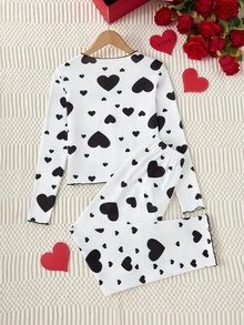 Tween Girl Heart Print Contrast Piping Lettuce Trim Bow Front Top & Pants Pajama Set, Spring/Autumn - Multicolor - View 2