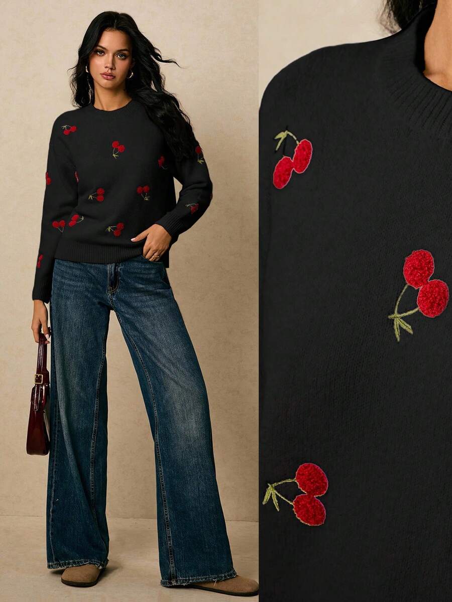 Poéselle 女士休闲刺绣樱桃针织毛衣，秋冬