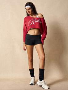 VARSIVA 女式字母印花长袖短款运动T恤 - 紅色 - 查看 5