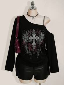 SHEIN ICON Casual Simple Cross Print Plus Size Women's Asymmetrical Shoulder Strap T-Shirt, Vintage Y2K Punk Style Dark Shoulder Top, Casual Outfit For Women, Spring/Autumn/Winter