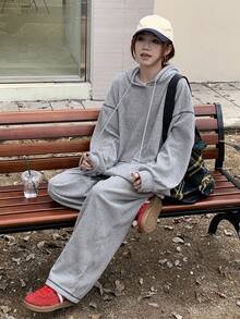 DAZY 2件組女款對比色連帽衛衣與寬鬆運動長褲休閒運動套裝 女士居家休閒套裝 校園穿搭 - 灰色 - 查看 3