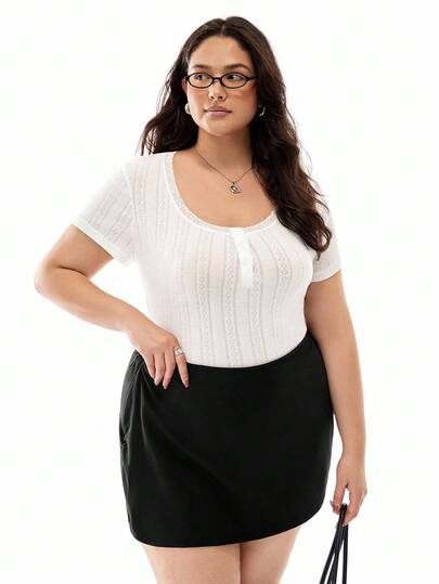 SHEIN EZwear 大尺碼白色蕾絲裝飾針織提花短袖t恤