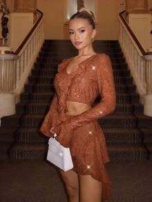 Glamine Charm 2pcs Women Knitted Jacquard Long Sleeve Set, Elastic Fitted Outfit With Safety Shorts And Skirt - Brown - View 3