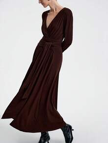 Aalyst Women's Elegant High-End Dark Brown Autumn V-Neck Cinched Waist Maxi Dress, Formal Office Business Casual Wedding Guest Afternoon Tea Dining Long Sleeve Dress - Mocha Brown - View 3