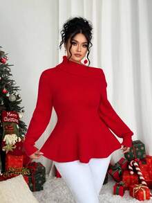 Elenzga Plus Size Asymmetric Collar Cinched Waist Christmas Red Sweater - Grey - View 5
