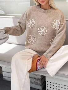 EURMUSE Damen Rundhals Strick Pullover in lockerer Passform, bequem und warm mit Blumen Stickerei - Beige - Übersicht 3