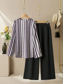 Lacomfia 女士纹理彩色条纹印花长袖衬衫和阔腿裤休闲宽松舒适大码套装 - 彩色 - 查看 2