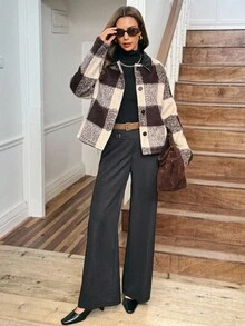 LanaWest Women's Western Casual Large Plaid PU Collar Jacket - Brown - View 5