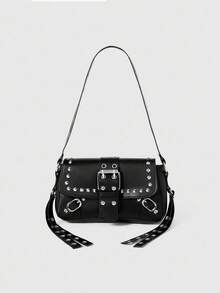 ROMWE Goth Brand New Punk Rivet Shoulder Bag, Portable, Suitable For Teen Girls, Female College Students, White-Collar Workers, Very Suitable For Work, Back To School, Middle School, High School, College, VacationSuitable For Shopping, Wallet, Shopping, Young Women, College Students, Newcomers, White-Collar Workers. Very Suitable For Office, College, Work, Business, Commuting, Outdoor Activities, Travel And Outings - Black - View 1