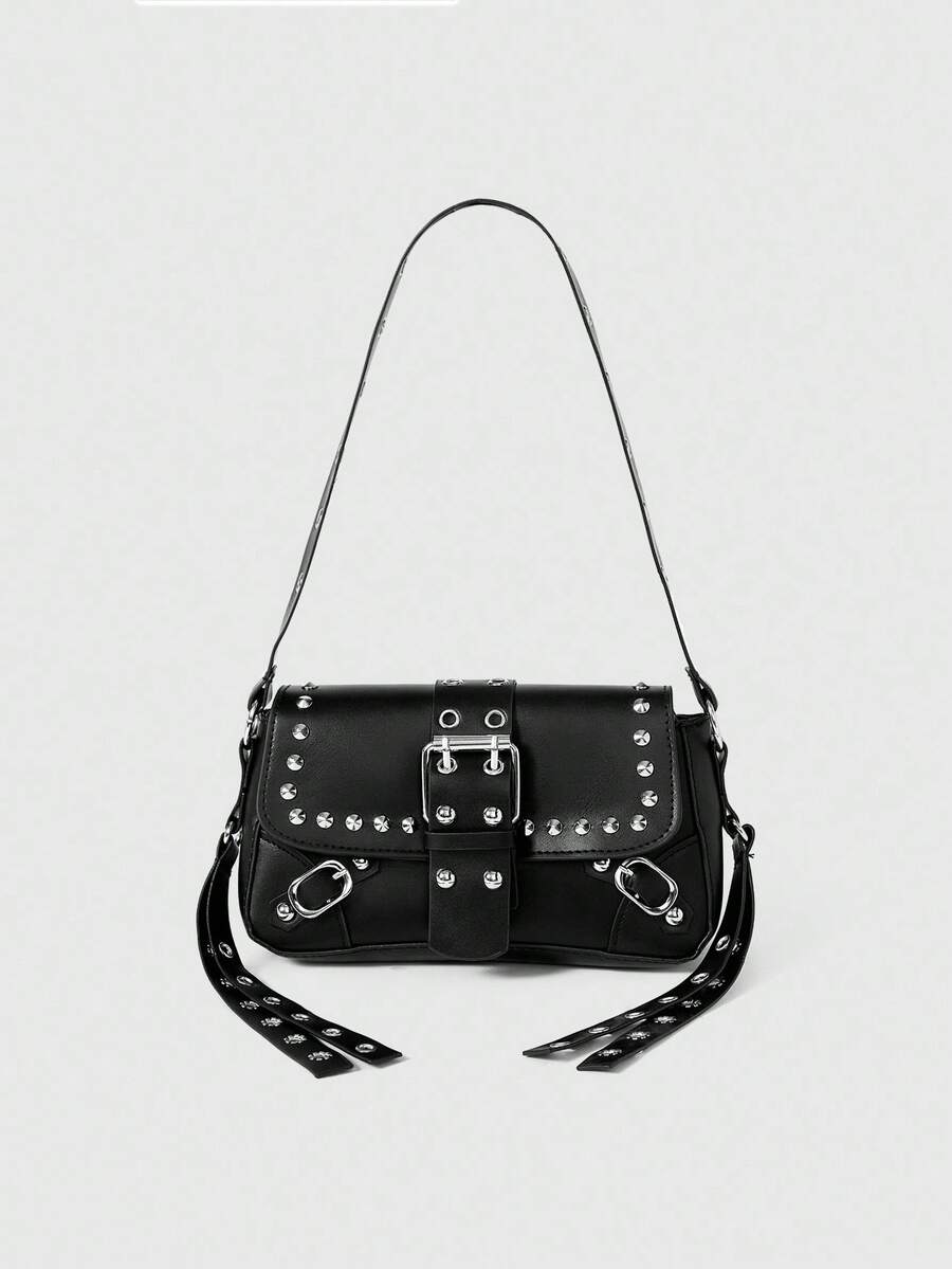 ROMWE Goth Brand New Punk Rivet Shoulder Bag, Portable, Suitable For Teen Girls, Female College Students, White-Collar Workers, Very Suitable For Work, Back To School, Middle School, High School, College, VacationSuitable For Shopping, Wallet, Shopping, Young Women, College Students, Newcomers, White-Collar Workers. Very Suitable For Office, College, Work, Business, Commuting, Outdoor Activities, Travel And Outings - Black - View 1