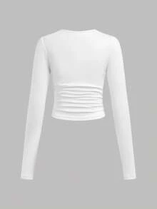 SHEIN Girlism Set de 3 camisetas de manga larga con cuello redondo y fruncido de unicolor para adolescentes - Multicolor - Ver 5