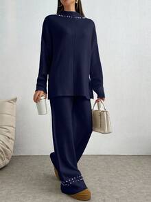 SHEIN Tall Ensemble tricoté de pull et pantalon décoré de perles, style décontracté pour l'automne/hiver