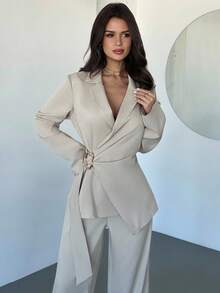 Firerie 女士优雅简约通勤都市时尚新款金属装饰裹身西装外套和高腰长裤卡其色两件套西装套装，秋冬 - 卡其色 - 查看 3