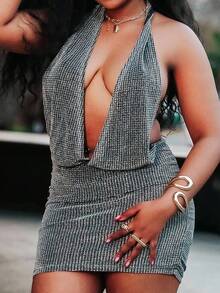 PeachySprinkles Women's Deep V Backless Halter Metallic Mini Dress