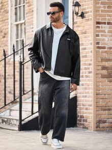 EASEVO 大码男士时尚百搭长袖夹克，朋克风，秋冬款 - 黑色 - 查看 3