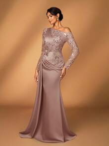 Serin Đầm dạ hội dài tay dáng đuôi cá sang trọng, thanh lịch với ren thêu và đính sequin, chất liệu satin co giãn, xẻ tà bên, thích hợp cho đám cưới, tiệc tùng, kỳ nghỉ, dạ hội, sự kiện buổi tối, đầm dành cho mẹ cô dâu, ngày Valentine. - Bụi hồng - Xem 7