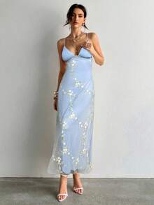 Aloruh Đầm thêu cổ chữ V sâu thanh lịch, quyến rũ, ôm sát, eo cao, lãng mạn dành cho nữ - Màu xanh nhạt - Xem 5