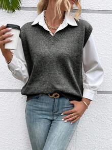 EMERY ROSE 女士休闲V领针织毛衣背心，秋冬 - 深灰色 - 查看 5