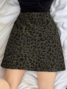 FRIFUL Women's Casual Leopard Print Button Waist Short Skirt - Army Green - View 3