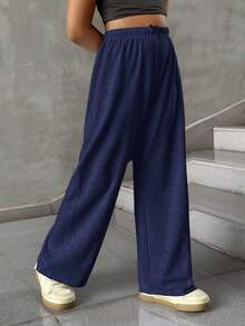 SHEIN Tween Girl Summer Simple Front Tie Loose Sweatpants, Casual Daily Wear - Navy Blue - View 4