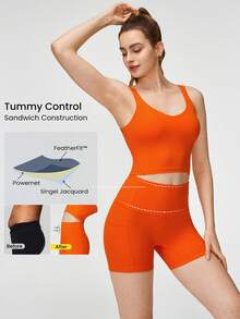 GLOWMODE FeatherFit™ U-Back Cropped Active Tank & 4.3" Tummy Control Biker Shorts Set Low Impact Yoga Daily - Orange - View 4