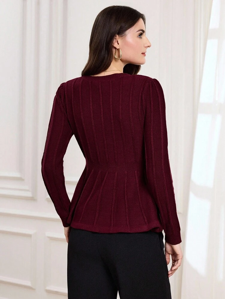 Elegant Knit Sweater Top For Women, Autumn/Winter Versatile Round Neck Cinched Waist A-Line Pullover, Berry Color,Red Top
