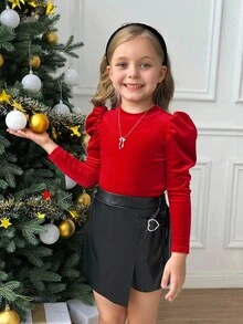 Serisse Kids Conjunto de 2 peças de camiseta de manga comprida com estampa de borboleta e shorts-saia pretos, elegantes e elegantes para meninas, roupa casual de outono, vintage elegante, adequada para festas, Natal, baile de Ano Novo, inverno - Vermelho - Ver 4