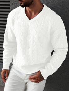 Manfinity Homme Áo len dệt kim tay dài cổ chữ V tối giản màu trơn dành cho nam, trang phục thường ngày, thu/đông - trắng - Xem 6