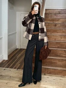 LanaWest Women's Western Casual Large Plaid PU Collar Jacket - Brown - View 7