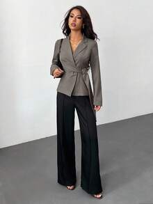 SHEIN PETITE Women's Metal Decoration Brown Gray Imitation Linen Waist Suit Jacket/Fall Women Clothes/Fall Outfits Women /Fall Outfits/Back To School/Homecoming/Business Casual Woman /Old Money Style Women/Office Outfits For Women/Going Out Outfits,Fall Clothes For Women