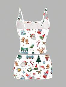 SHEIN EZwear 休闲性感家居风格圣诞驯鹿圣诞老人饼干印花蕾丝吊带背心和褶皱短裤女式两件套，适合秋冬季、居家、派对 - 彩色 - 查看 2