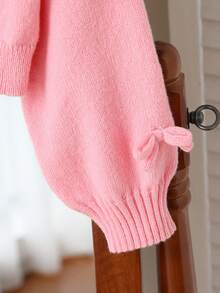 SHEIN Elladie kids 女孩休闲时尚可爱柔软简约优雅 3D 蝴蝶结长袖短款开衫毛衣，适合居家、日常穿着、上学、外出、派对、秋冬 - 粉色 - 查看 6