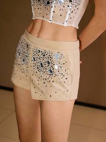 MOTF PREMIUM RHINESTONE DETAIL SLANT POCKET SHORTS - Khaki - View 6