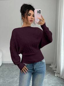 Elenzga 秋冬白色麻花纹理斜肩长袖针织套头衫 - 酒紅色 - 查看 3