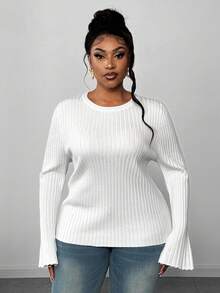Maweii Women's Simple Casual Everyday Round Neck Straight Shoulder Flared Sleeve Knitted Solid Color Plus Size Sweater Long Sleeve Lightweight Knit Fashion Ribbed Slim Fit Basic Going Out Tshirts, Spring Fall Winter