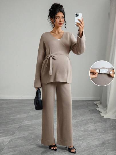 SHEIN Maternity Casual Solid Color Knitted Sweater And Pants Set, Autumn/Winter