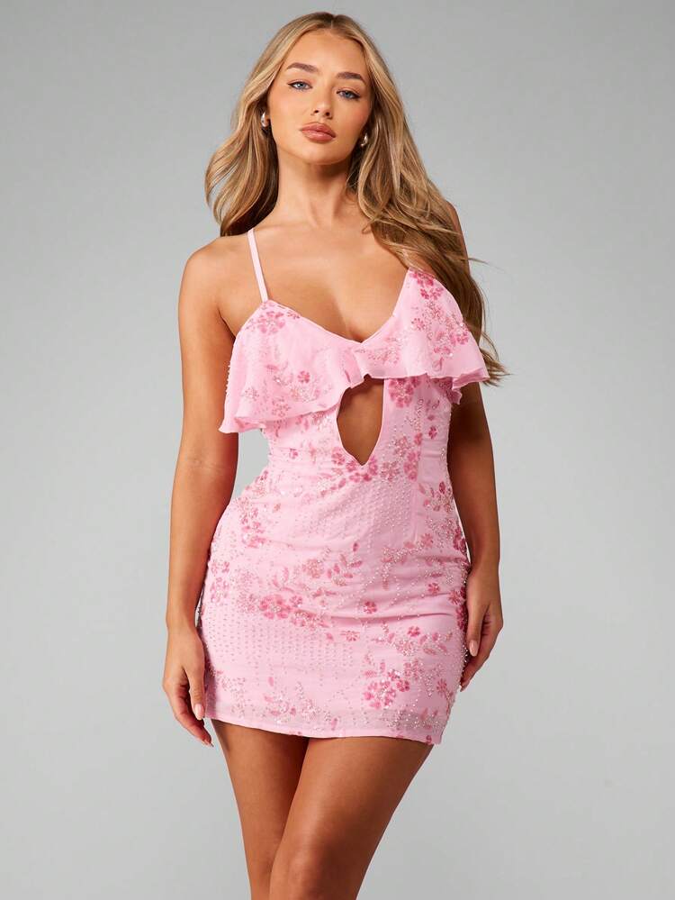 MISSGUIDED Ruffle Detail Mini Dress With Front Cut Out Embellished Sequin Floral Pattern Party Evening Wedding Guest Holiday Summer Night Out