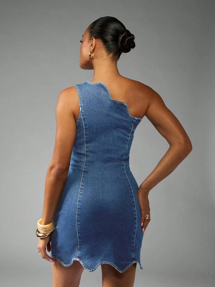 MISSGUIDED Abito mini in denim monospalla con orlo a balze, aderente, da indossare per feste estive e serate, senza maniche, design di e alla moda