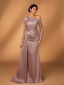 Serin Đầm dạ hội dài tay dáng đuôi cá sang trọng, thanh lịch với ren thêu và đính sequin, chất liệu satin co giãn, xẻ tà bên, thích hợp cho đám cưới, tiệc tùng, kỳ nghỉ, dạ hội, sự kiện buổi tối, đầm dành cho mẹ cô dâu, ngày Valentine. - Bụi hồng - Xem 5