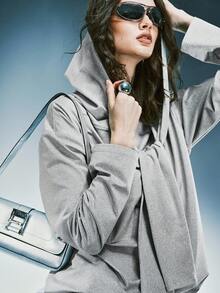 Airlisse Women's Grey Hooded 2 In 1 Long Sleeve T-Shirt - Grey - View 6