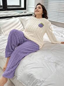 2 Stücke Plüsch bestickte Frucht Top und lila Hose Lässig Große Größen Set, gemütlicher Outfit, Herbst/Winter Kleidung, flauschig - Aprikosenfarben - Übersicht 7
