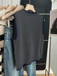 Franclia 女式休闲宽松圆领无袖针织撞色边卡其色毛衣上衣，春秋季 - 深灰色 - 查看 2