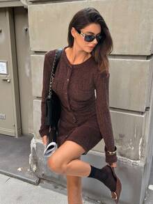 Siren Gaze Fall Clothes For Women Autumn Outfits For Women Elegant Brown Fuzzy Bodycon Dress, Women's 2025 New Autumn/Winter Warm Luxury Old Money Style Round Neck Front Button Long Sleeve Dress, Casual Daily Going Out Work Commute Business Casual Party Dress