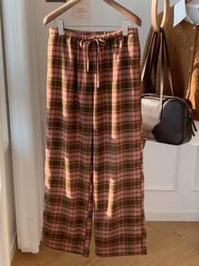 SHEIN EZwear 女式休闲格子抽绳腰长裤，秋冬 - 彩色 - 查看 4
