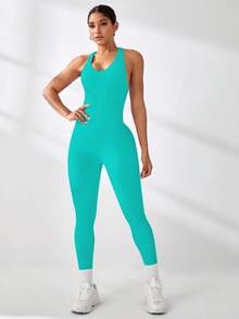 Core Rhythm Women's Backless Criss-Cross Design Sleeveless Sexy Sports Jumpsuit Backless Workout Jumpsuit Yoga Jumpsuit Backless Women's Active One-Piece Seamless Gym Jumpsuit Gym Clothes Women Set Seamless Workout Jumpsuit Yoga Jumpsuit Women Fitness Jumpsuit - Teal Blue - View 3