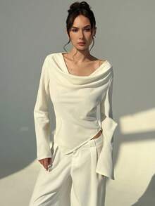 Aloruh 简约杏色办公室风喇叭袖褶皱领女式衬衫 - 杏色 - 查看 2