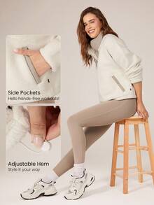 GLOWMODE Cozy Medium Polar Fleece Soft Warm Loose Adjustable Drawstring Hem Two-Tone Jacket Sweatshirt With Side Pockets Daily Casual Fall Winter - Beige - View 6