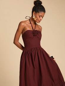 Travachic Women's Elegant Burgundy Backless Halter Dress,Summer Vacation Winery Maroon Dress,Luxury Evening Dresses For Wedding,Thanksgiving New Year Outfits - Coffee Brown - View 6